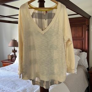 Casual cream colored top from Anthropologie with soft grey plaid back